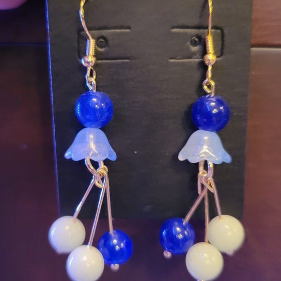 Flower Glass Bell Earrings with round beads 14k Gold hooks - Picture 2 of 4